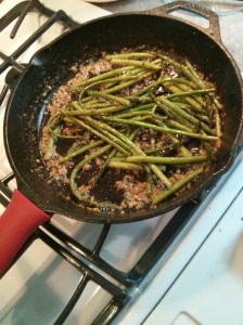 I used FRESH Asparagus. I read a little tip somewhere that said to "break" the ends off that is tough and chewy instead of cutting. To ensure the really tough end is off, breaking it at it's natural breaking point helps with that. (Interesting...) After cutting & rinsing the asparagus. Melt butter in the pan & add either fresh garlic or I used the Spice World Garlic in EVOO (sold in the jar). Sautee the garlic in the butter just a little bit (don't let it burn!) add the asparagus & cook for about 7-10 minutes. The taste was amazing!!!